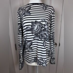 Lands’ End Floral Stripe Long Sleeve Stretch Top Black White Large